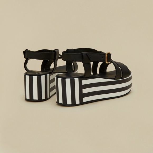 FINAL PRICE Marina Rinaldi Striped Platform Sandals Leather Black White - Picture 3 of 8